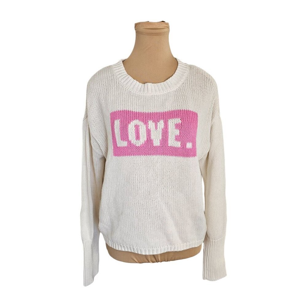 525 America White Knit Long Sleeve Sweater With Pink Love Sz M